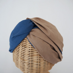 切換寬發頭巾（結）☆午夜藍×米色×條紋 第5張的照片