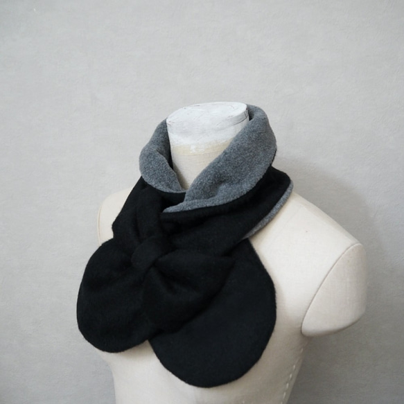 雙面緞帶圍巾 ☆ 黑色 x 灰色 女式尺寸 第4張的照片