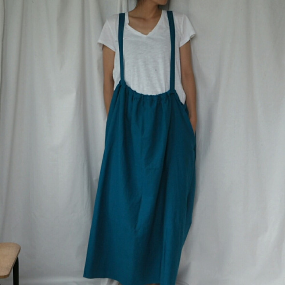 sayoko 様 ご予約品 ☆  ゆったりギャザー の つりスカート ☆ ハーフリネン ブルー 2枚目の画像
