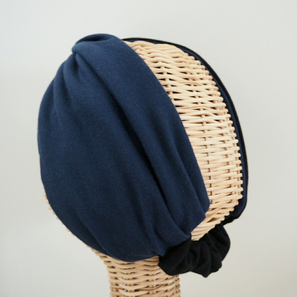 頭巾風格頭巾 ☆ 柔軟針織黑色 x 海軍藍 第3張的照片