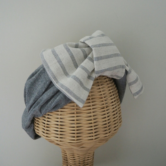 2way頭巾（結）☆半亞麻×條紋灰色 第2張的照片