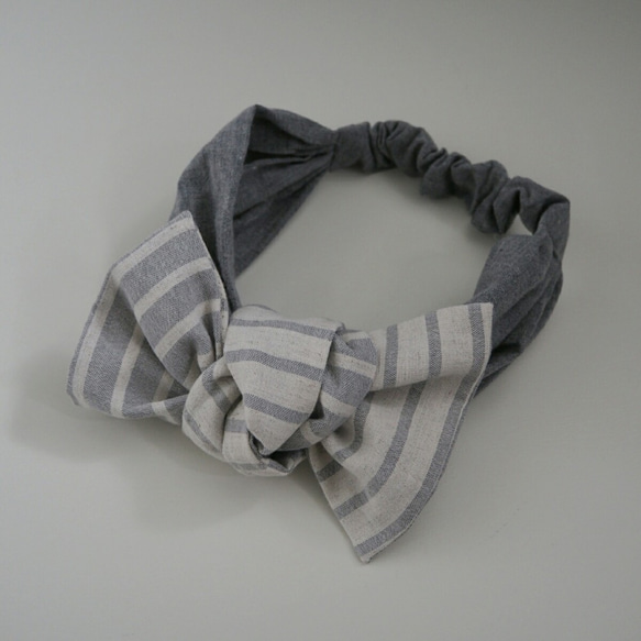 2way頭巾（結）☆半亞麻×條紋灰色 第3張的照片