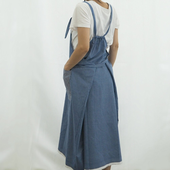 單件圍裙☆Dungaree藍色x亞麻條紋 第4張的照片