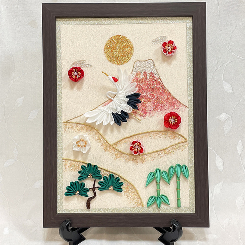 お正月飾り つまみ細工 縁起の良い赤富士 鶴 松竹梅 しめ飾り フォト