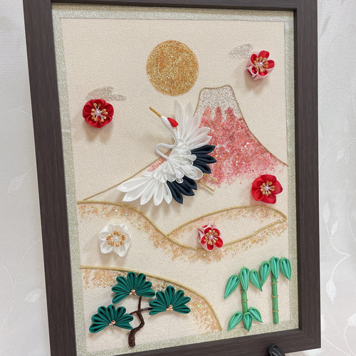 お正月飾り つまみ細工 縁起の良い赤富士 鶴 松竹梅 しめ飾り フォト