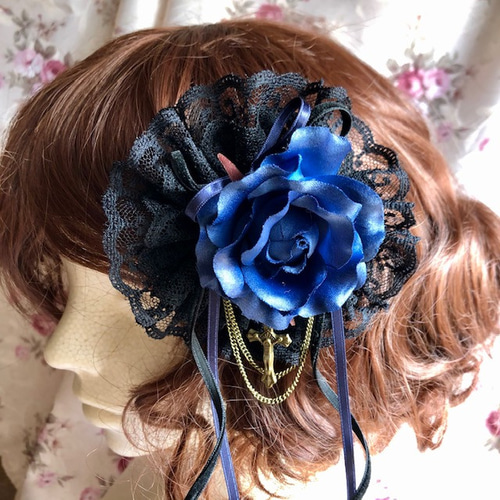 モワメームモワティエ　バラ十字架　ヘッドドレス　アクセサリー　ゴスロリ 販売済】ヘッドドレス／ゴスロリ／バラ／十字架／レース／ネイビー