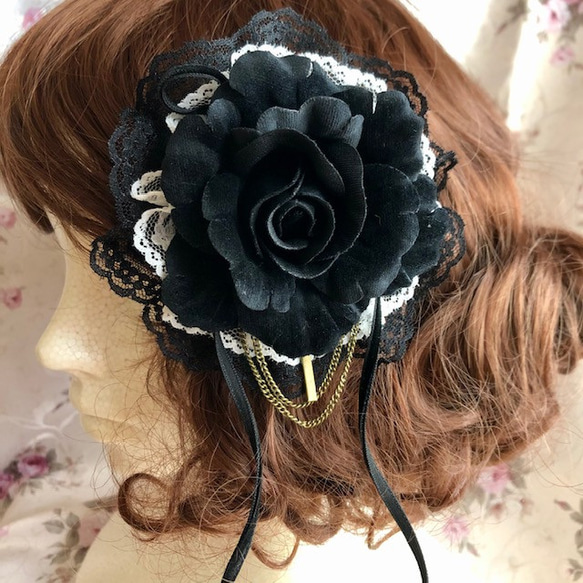【販売済】ヘッドドレス／ゴスロリ／バラ／十字架／レース／ブラック／HD06 1枚目の画像