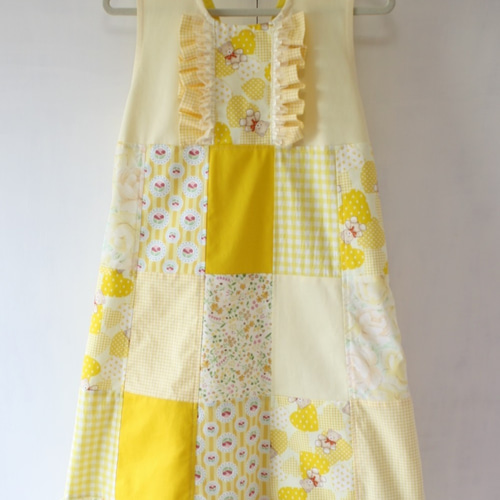 handmadeパッチワーク風ワンピースfreeイエロー 黄色ガーリーパッチワークワンピ＾＾ | Pule.Jam First