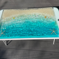 折りたたみガラスセンターテーブル　ターコイズブルームーンビーチ   珊瑚のラグーン 5枚目の画像
