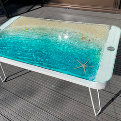 折りたたみガラスセンターテーブル　ターコイズブルームーンビーチ   珊瑚のラグーン 6枚目の画像