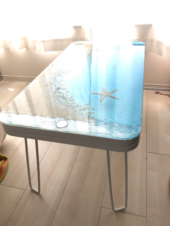 折りたたみガラスセンターテーブル ブルームーンビーチ   珊瑚のラグーン 青い海 2枚目の画像