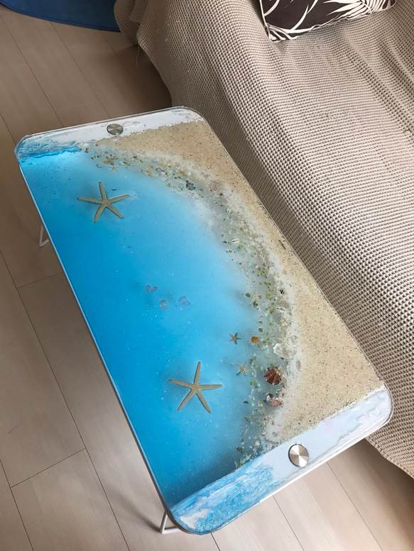 折りたたみガラスセンターテーブル ブルームーンビーチ   珊瑚のラグーン 青い海 3枚目の画像