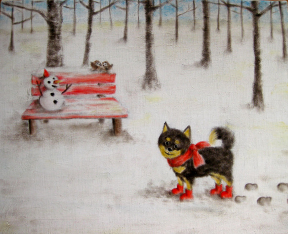 雪とベンチと柴犬と 1枚目の画像