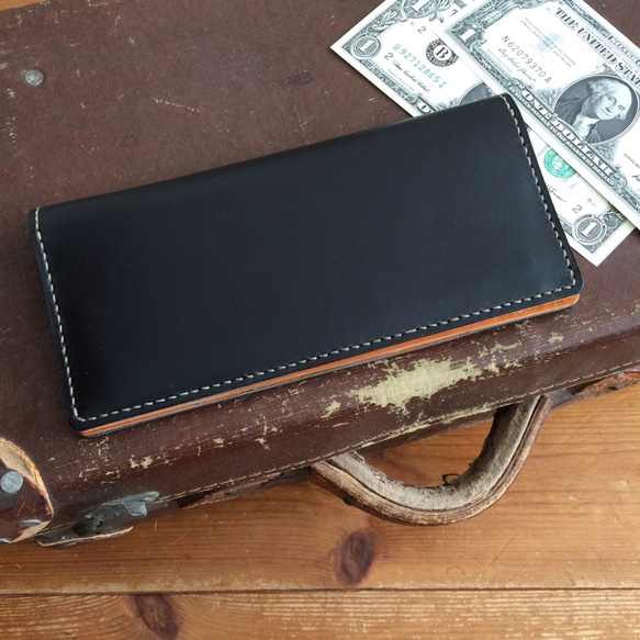 スマートな薄さ♪ツートンカラーの長財布【ブラック×キャメル】 6枚目の画像