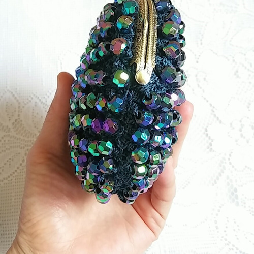 12.5cm] ビーズがま口ポーチ平 jewelblack ポーチ no gamaguchi