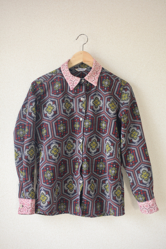 [SALE!!!]レース襟のKasuri casual shirt (no.096) 2枚目の画像