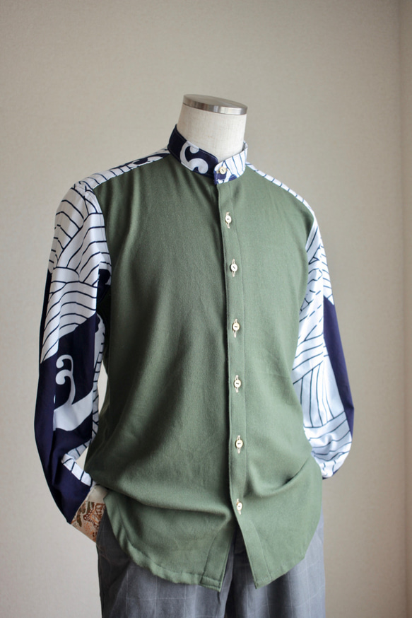 苔綠色，時尚的浴衣男式襯衫（第142號） 第8張的照片