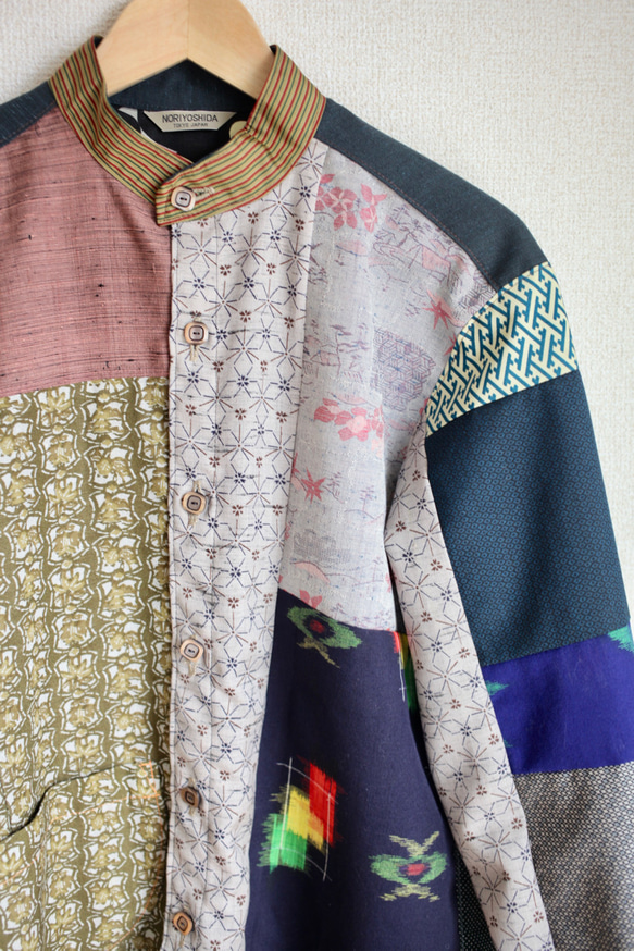 メンズ Satnd collar キモノpatchwork shirt (no.143) 2枚目の画像