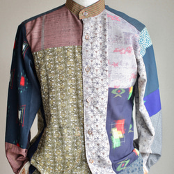 メンズ Satnd collar キモノpatchwork shirt (no.143) 5枚目の画像