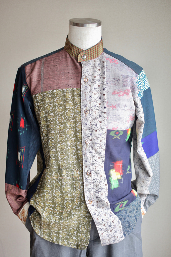 メンズ Satnd collar キモノpatchwork shirt (no.143) 5枚目の画像