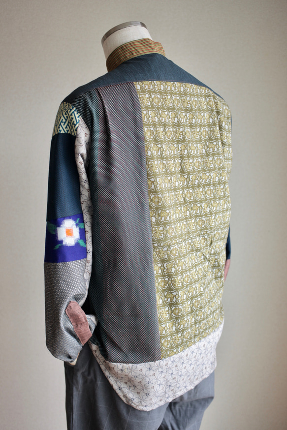 メンズ Satnd collar キモノpatchwork shirt (no.143) 6枚目の画像