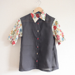 夏季單色短袖襯衫紗布黑色和花朵圖案的衣服（第158號） 第2張的照片