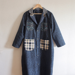 男士Shogi x格紋x深藍色和服秋季長款外套（第235號） 第1張的照片