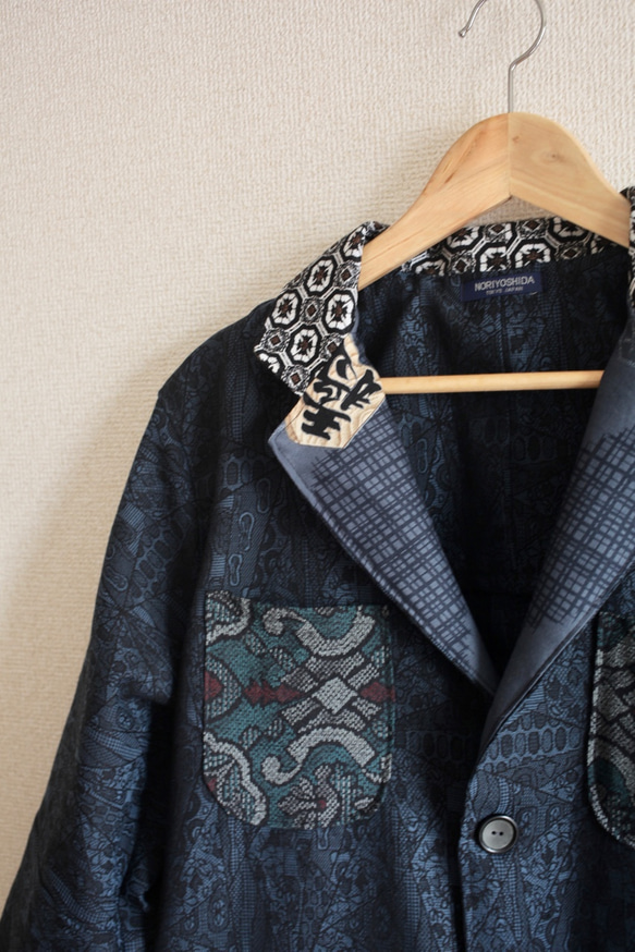 男士Shogi x格紋x深藍色和服秋季長款外套（第235號） 第4張的照片