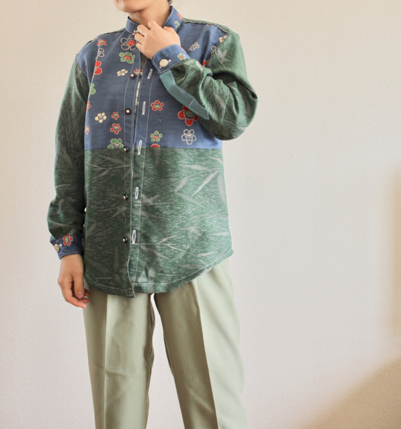 售罄!!男士Green＆Plum圖案復古和服休閒襯衫（編號289） 第10張的照片