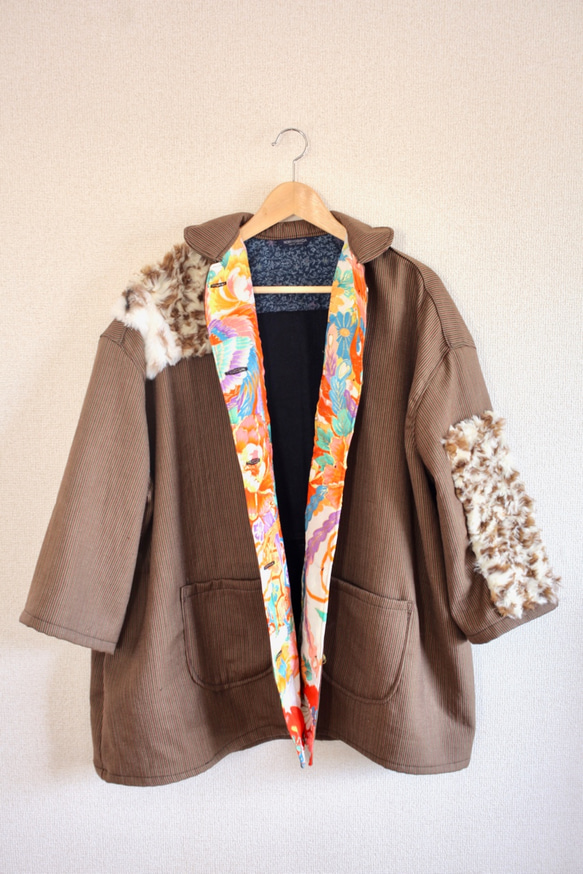 棕色羊毛和服和皮草半身寬鬆外套（編號362） 第4張的照片