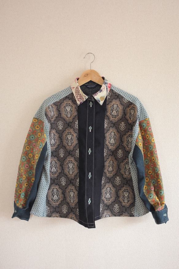 Kimono patchwork オーバーサイズ長袖シャツ ②(no.376) 2枚目の画像