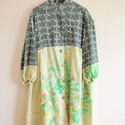 FINAL SALE !!!Oversized Greenと花柄キモノのティアードシャツワンピース(no.475) 2枚目の画像