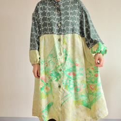 FINAL SALE !!!Oversized Greenと花柄キモノのティアードシャツワンピース(no.475) 1枚目の画像