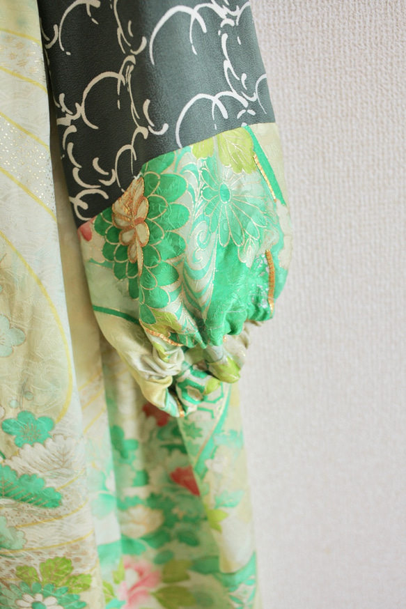 FINAL SALE !!!Oversized Greenと花柄キモノのティアードシャツワンピース(no.475) 3枚目の画像