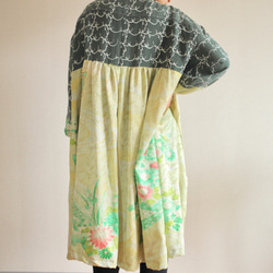 FINAL SALE !!!Oversized Greenと花柄キモノのティアードシャツワンピース(no.475) 9枚目の画像