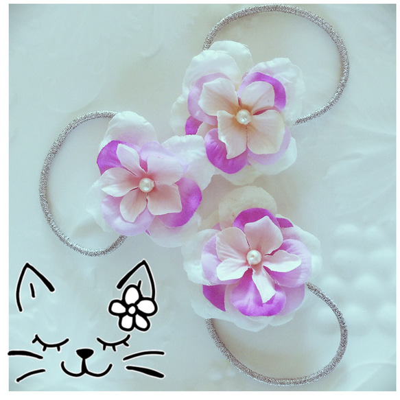浴衣にもアジサイヘアゴム⭐️紫陽花造花パール⭐️シルバーゴム 1枚目の画像