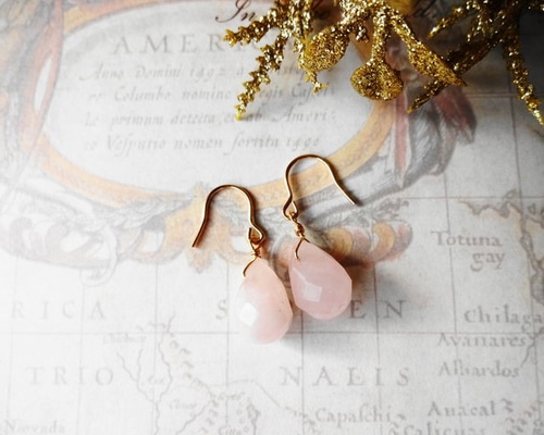 14kgf ローズクォーツの雫ピアス/イヤリング ピアス（フック・チェーン