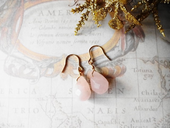 14kgf ローズクォーツの雫ピアス/イヤリング ピアス（フック・チェーン