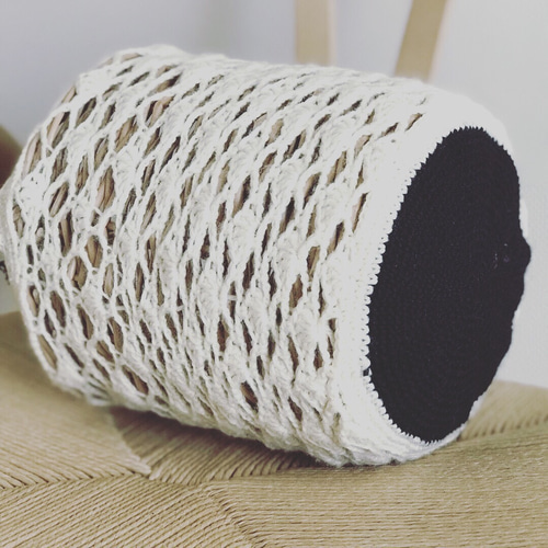 タッセル付き筒型カゴバッグ☆鍵編み☆模様編みニットホワイト かご