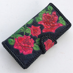 レザークラフト長財布　唐草 姫路・姫革細工】 長財布（L字型ファスナー）＜唐草・青緑