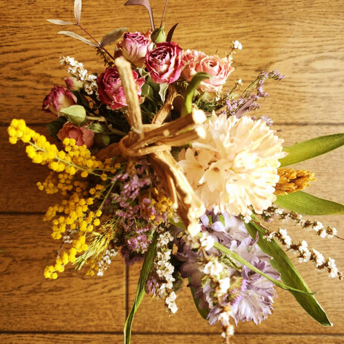 ミモザのフライングバスケット☆ドライフラワーバスケット