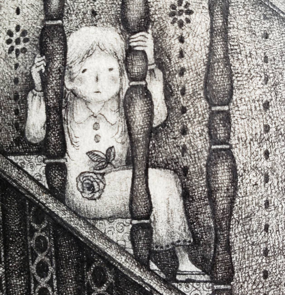 ペン画　~階段の少女とバラの花~ 5枚目の画像