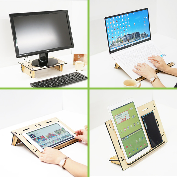 【送料無料】木製マルチディスプレイスタンド、パソコン用、タブレット用 3枚目の画像