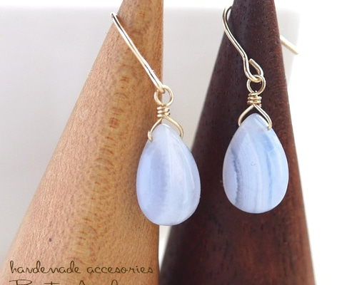 レースアゲートピアス □K14GF 天然石ブルーレースアゲートのピアス(p-079) ドロップ ピアス