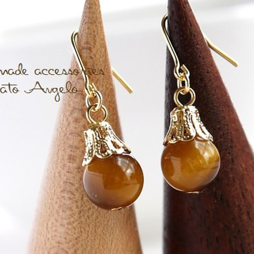 □【高品質】天然石タイガーアイの一粒ピアス(p-020)G 8mm 虎目石 c001