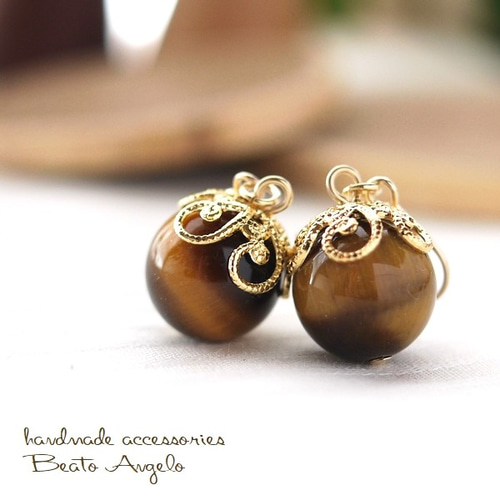 ✤【高品質】天然石タイガーアイの一粒ピアス(p-004)G 10mm 虎目石