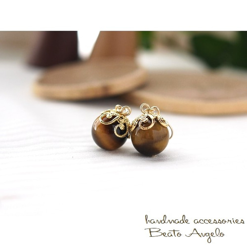 ✤【高品質】天然石タイガーアイの一粒ピアス(p-004)G 10mm 虎目石