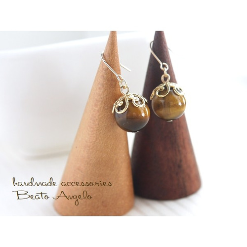 □高品質☆天然石タイガーアイの一粒ピアス(p-004)G 10mm 虎目石