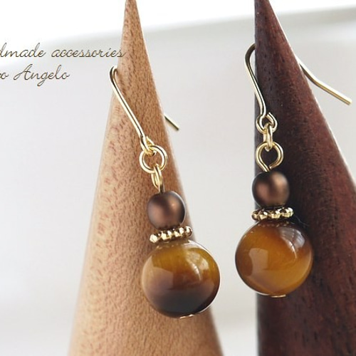 ✤【高品質】天然石タイガーアイとパールのピアス(p-023)G 香水瓶