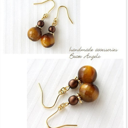 ✤【高品質】天然石タイガーアイとパールのピアス(p-023)G 香水瓶